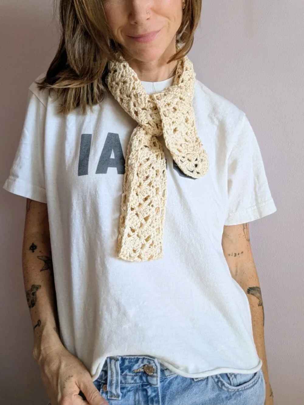 Handmade Crochet Lace Sequin Skinny Scarf Extra Long Linen Cream Gold